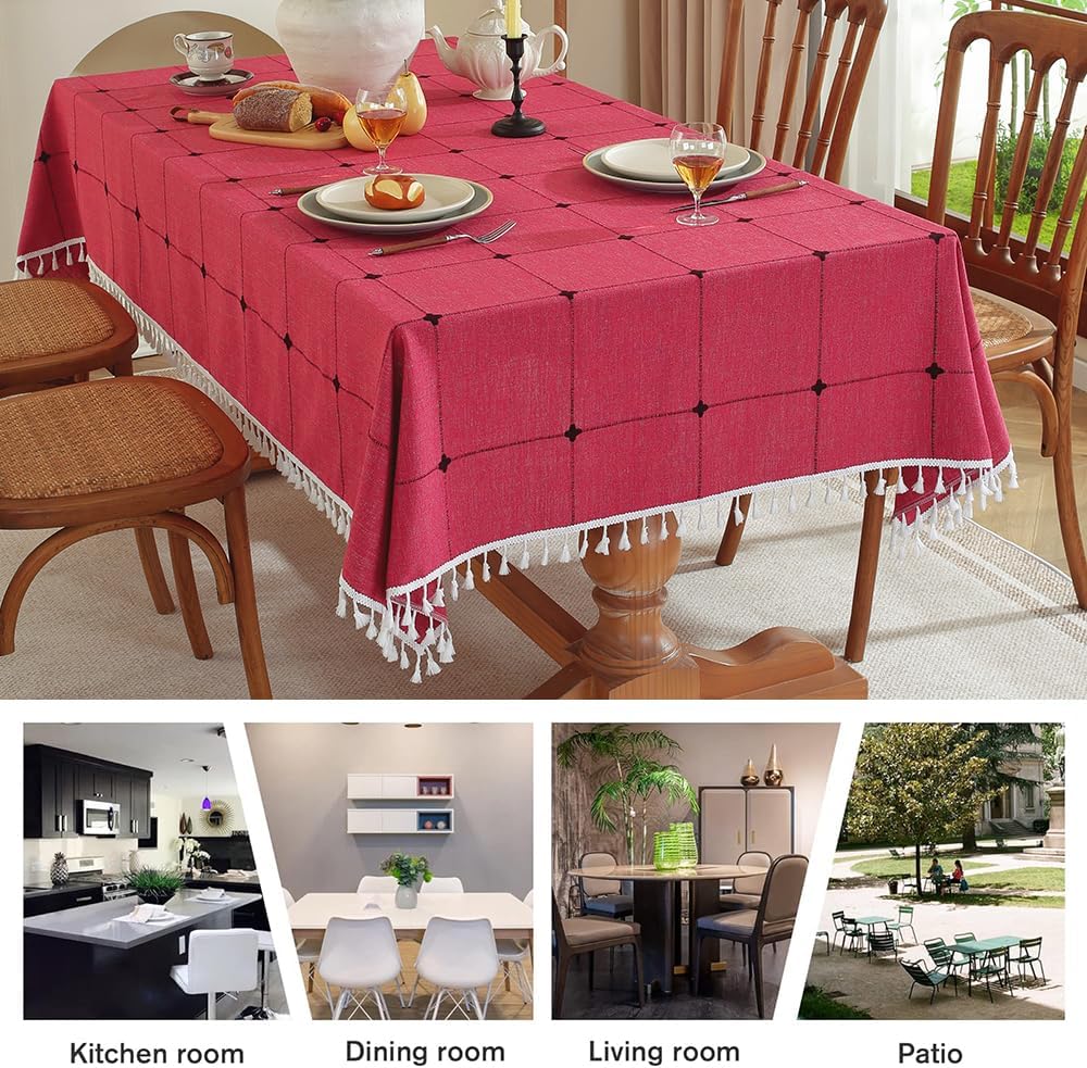 Pahajim Rustic Linen Tablecloth Cotton Rectangle Table Cloth for Kitchen Dining with Tassel Plaid Waterproof Tablecloths Rectangle/Oblong,55''x87'', 6-8 Seats