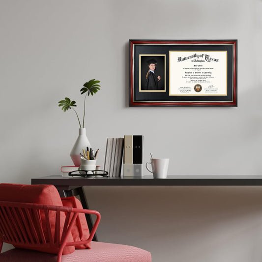 GraduationMall 11x19 Cherry Diploma and Photo Frame for 8.5x11 Certificate,5x7 Picture,Tempered Glass,Black over Gold Double Mat