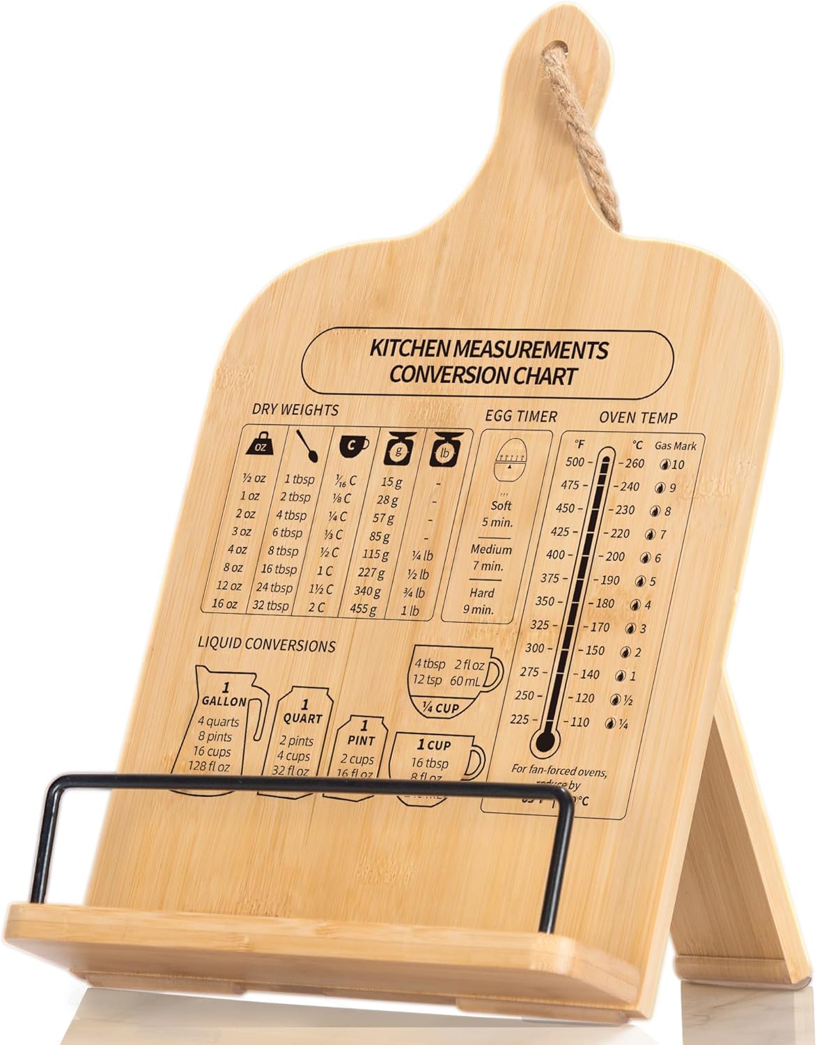 IKEDAS Bamboo Cookbook Stand, Sturdy Cook Book Holder, Recipe Book Holder with Measurement Conversion Chart, Cookbook Stand for Kitchen Counters, Essential Accessories for Holding Cookbooks