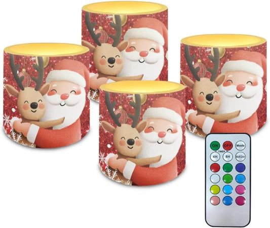 Poceacles Christmas LED Flameless Candles Set of 4 Multi-Color Battery Operated Fake Flickering Candles with Remote and Timer, for Holiday Festival Decorations, Santa Claus Reindeer Red