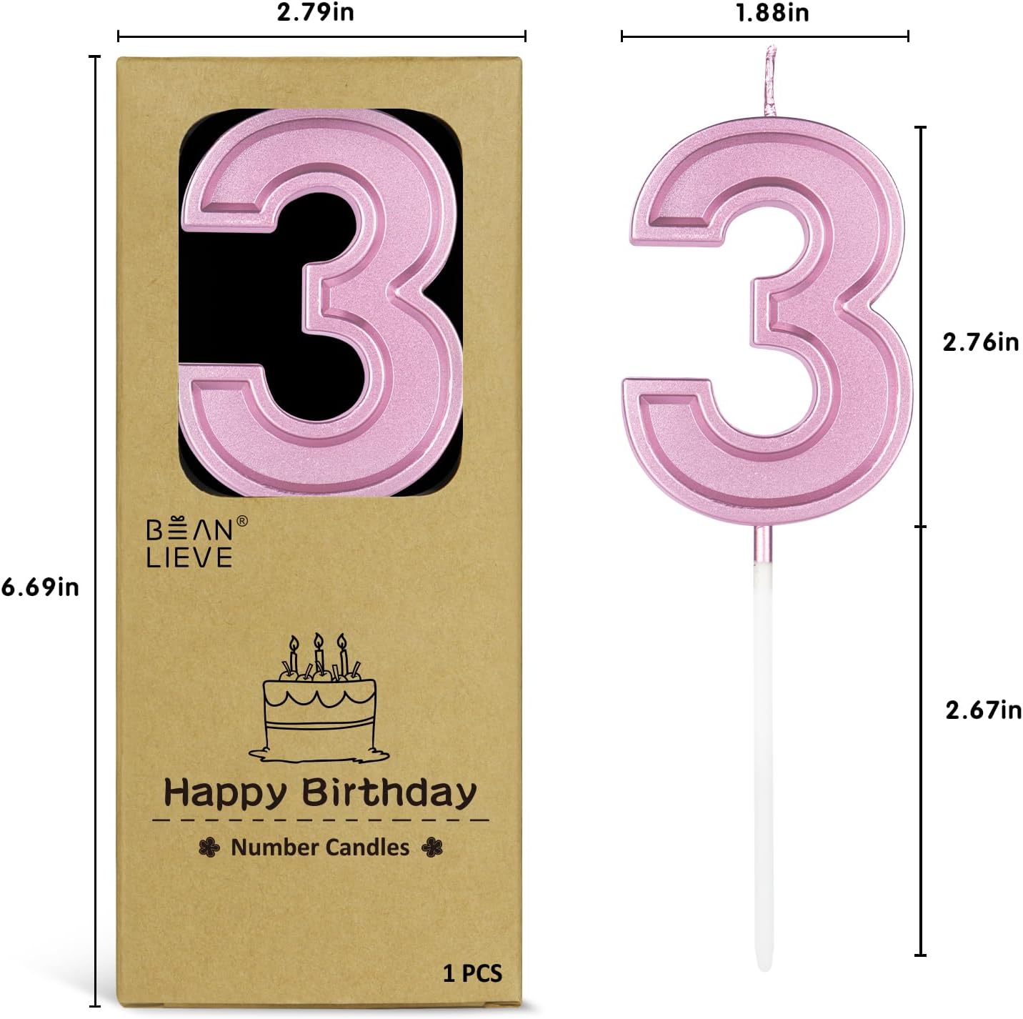 BEAN LIEVE Rose Gold Birthday Candles Number 3, Rose Gold Number Candles, Cake Number Candles for Birthday Parties and Wedding Anniversary Celebrations