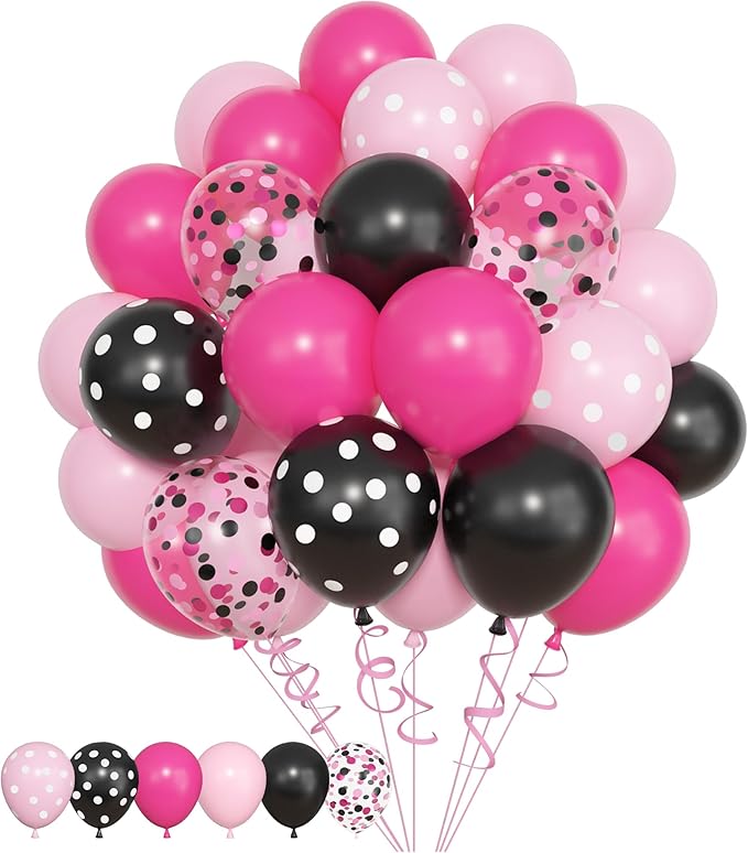 Amandir 153pcs Pink Black Balloon Garland Arch Kit, Different Sizes 18 12 10 5 inch Pink Black Latex Dot Confetti Balloons for Girl Cartoon Mouse Birthday Party Decoration