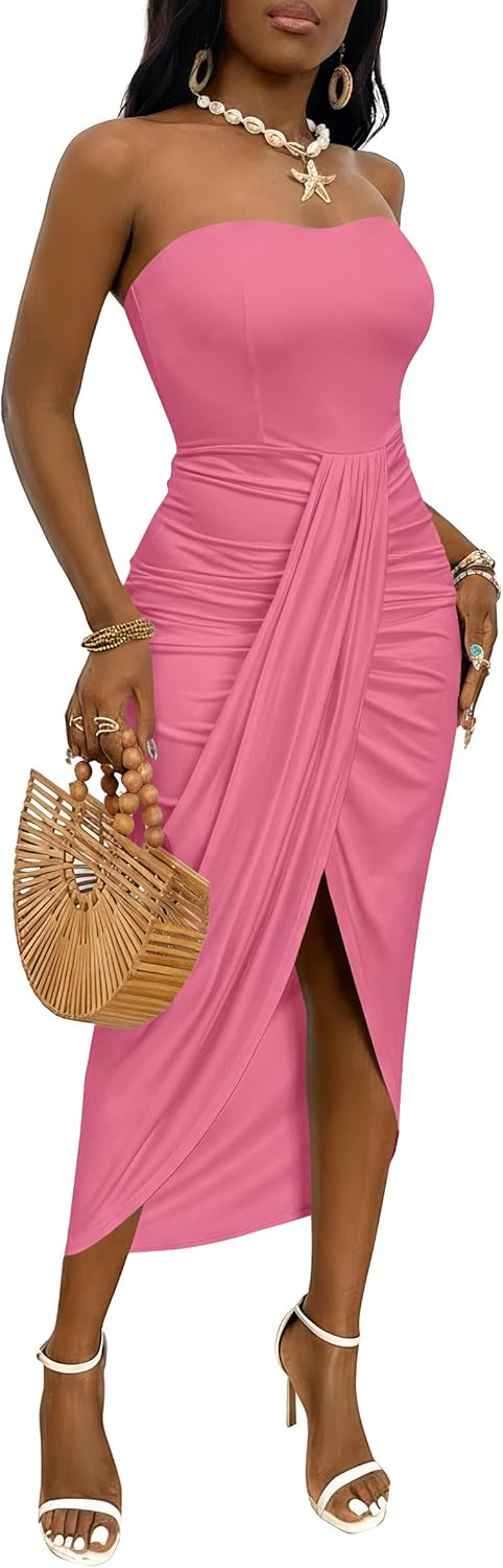 Umenlele Women's Strapless Ruched High Waist Wrap Split Asymmetrical Beach Maxi Long Dress