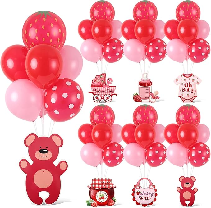 6 Sets Strawberry Balloon Stand Kit for Table Strawberry Baby Shower Centerpieces with Balloon Sweet Strawberry Party Balloon Decorations for Girls Strawberry Birthday Themed Supplies