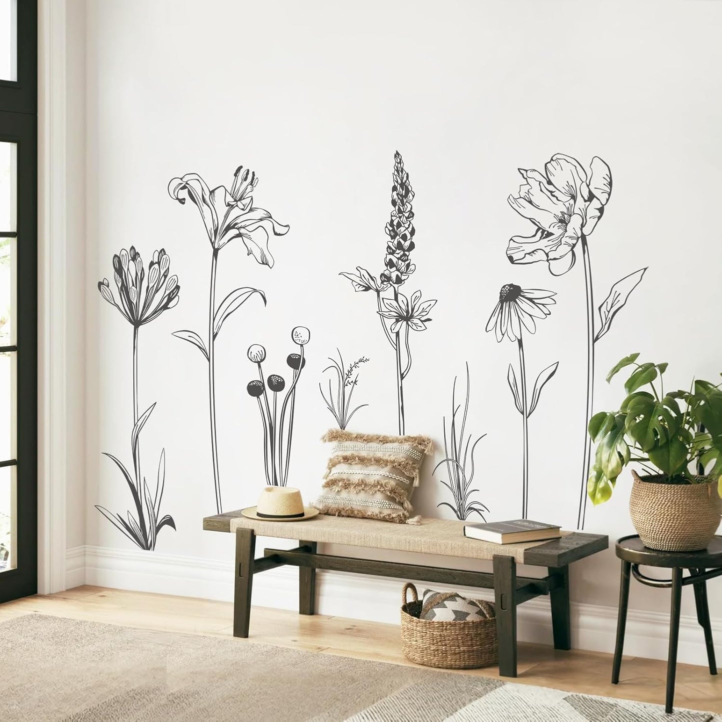 Boho Black Flower Wall Decals Simple Sketch Wildflower Floral Wall Stickers for Girls Bedroom Living Room Bathroom Office Adult Home Decor