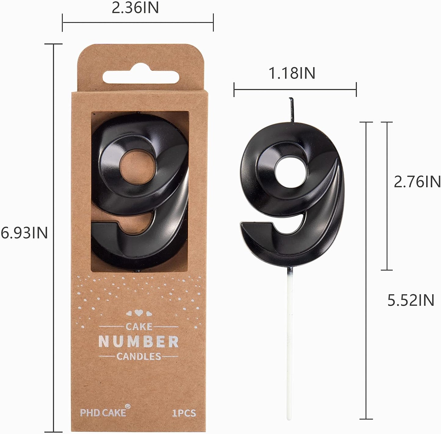 PHD Cake 2.76 Inch Diamond Black 9 Number Birthday Candles, Party Celebration