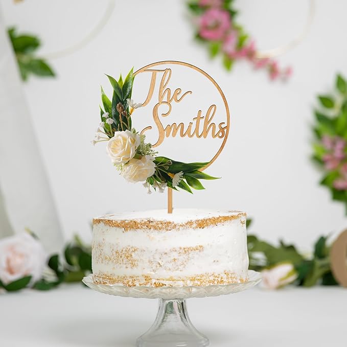 3D Flowers Wedding Cake Topper Personalized Last Name Wedding Cake Decoration in Wood with 3D Artificial Roses