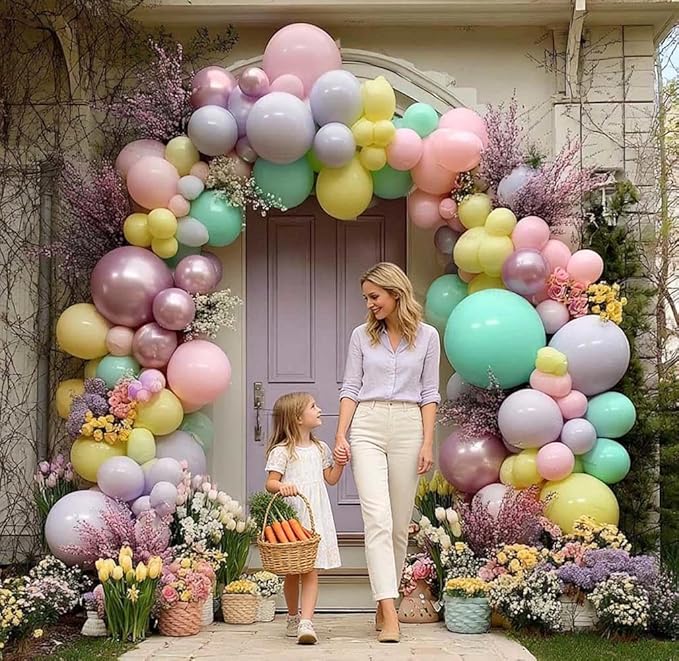 Pastel Balloon Garland Arch Kit Double Stuffed, Baby Pink Purple Yellow Green Balloons with Metallic Lilac Latex for Baby Shower Princess Birthday Spring Easter Flower Fairy Party Decoration
