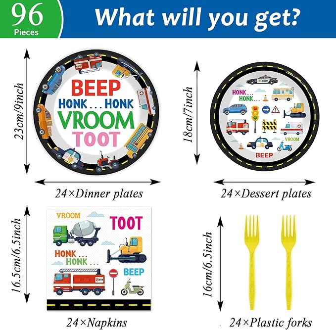 OBUSATT 96Pcs Transportation Party Supplies Traffic Jam Cars Trucks Paper Plates Napkins Construction Party Decorations Transportation Dinnerware Party Favor Transport Vehicle Tableware Serves 24