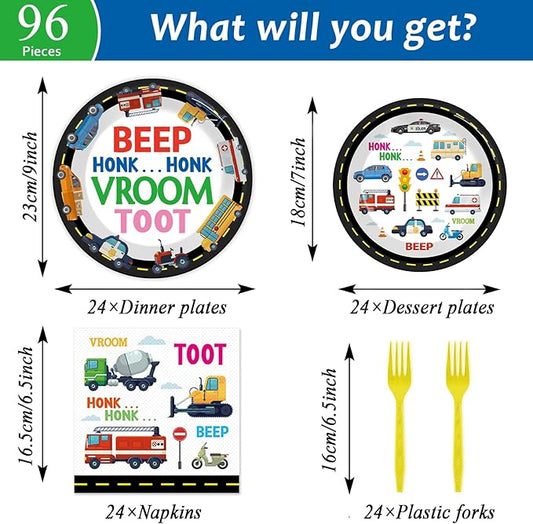 OBUSATT 96Pcs Transportation Party Supplies Traffic Jam Cars Trucks Paper Plates Napkins Construction Party Decorations Transportation Dinnerware Party Favor Transport Vehicle Tableware Serves 24