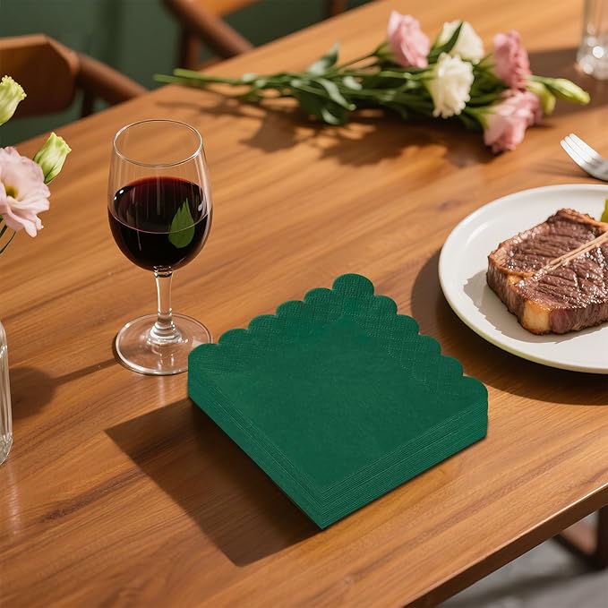 120 Pcs Dark Green Scalloped Cocktail Napkins,2-Ply Dark Green Disposable Beverage Party Napkins for Dinner Wedding Birthday Baby Shower