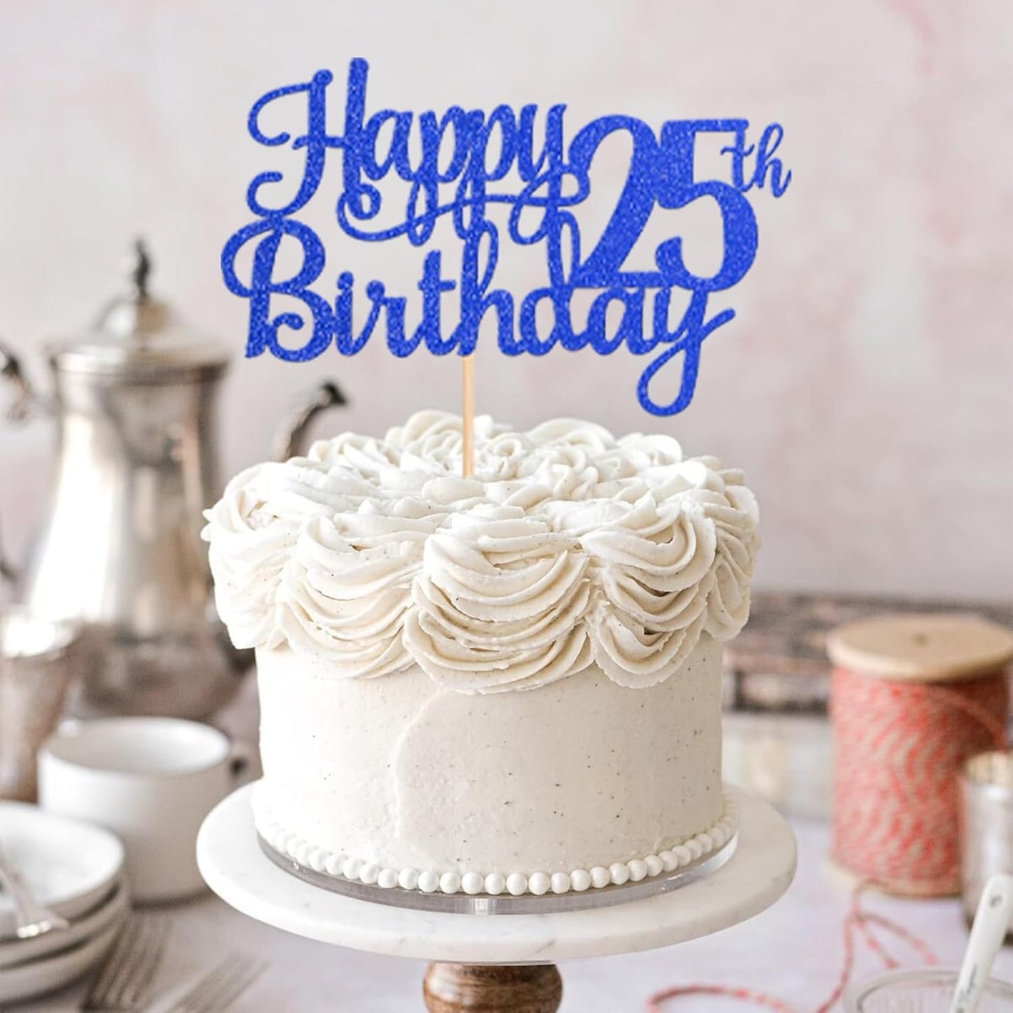 1 PCS Happy 25th Birthday Cake Topper Glitter Cheers to 25 Years Birthday Cake Pick Twenty Five 25 Fabulous Cake Decoration for Happy 25th Birthday Theme Party Decorations Supplies Blue