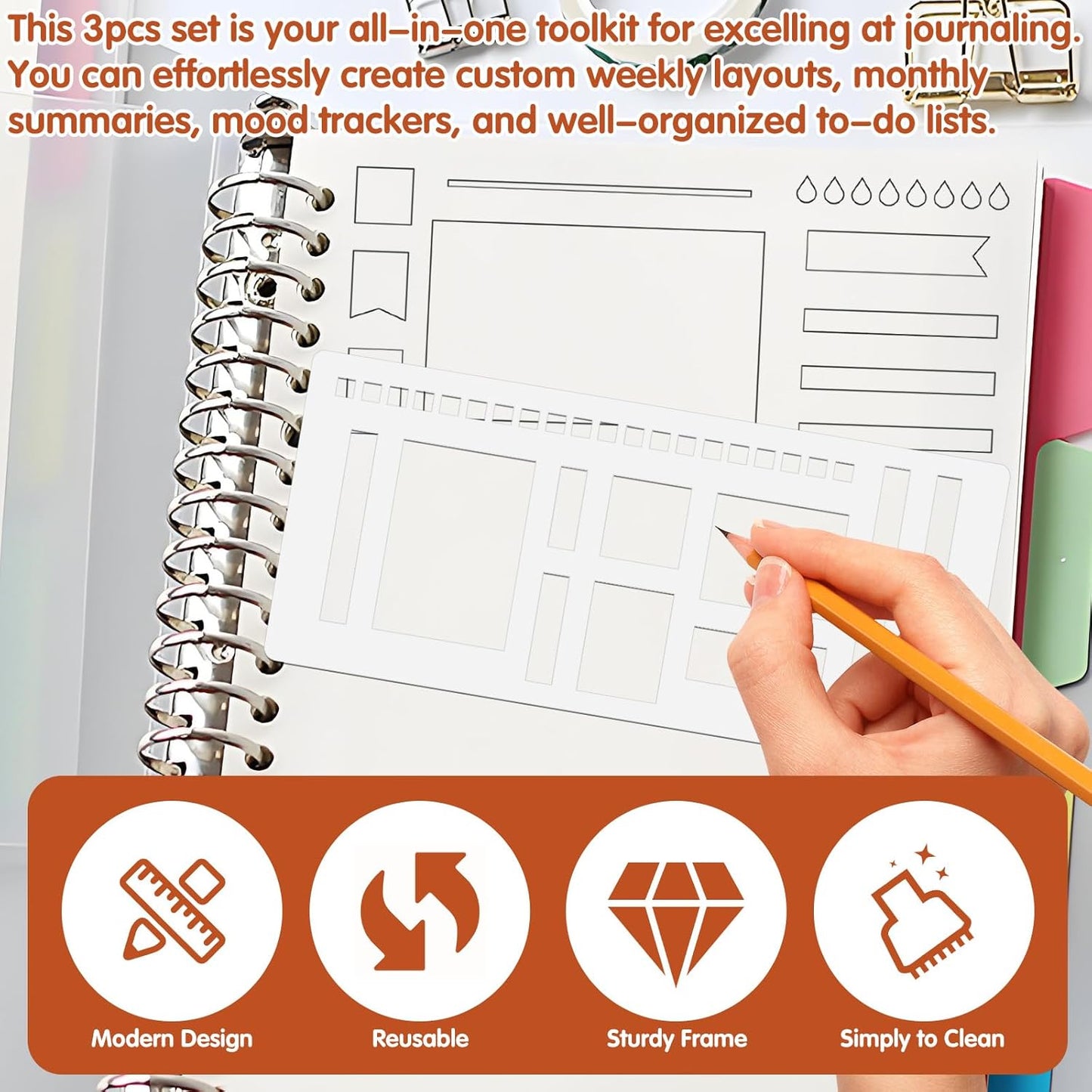 3Pcs Journal Stencil Set, Reusable Planner Stencils Templates Create Custom Weekly & Monthly Layouts for Dot Grid Journals, Enhanced Efficiency for Planning & Journaling Enthusiasts