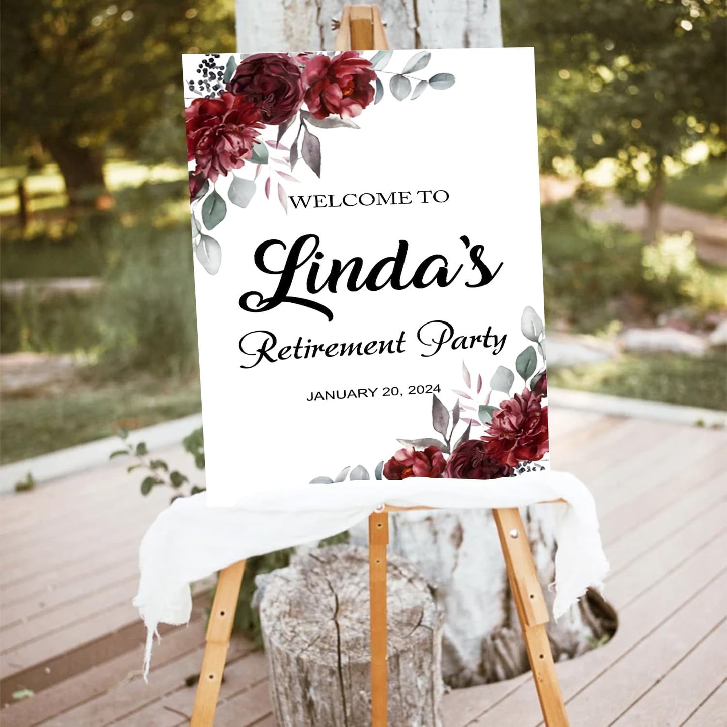 Floral Red Retirement Party Sign - Burgundy Decor, Celebration Welcome Board