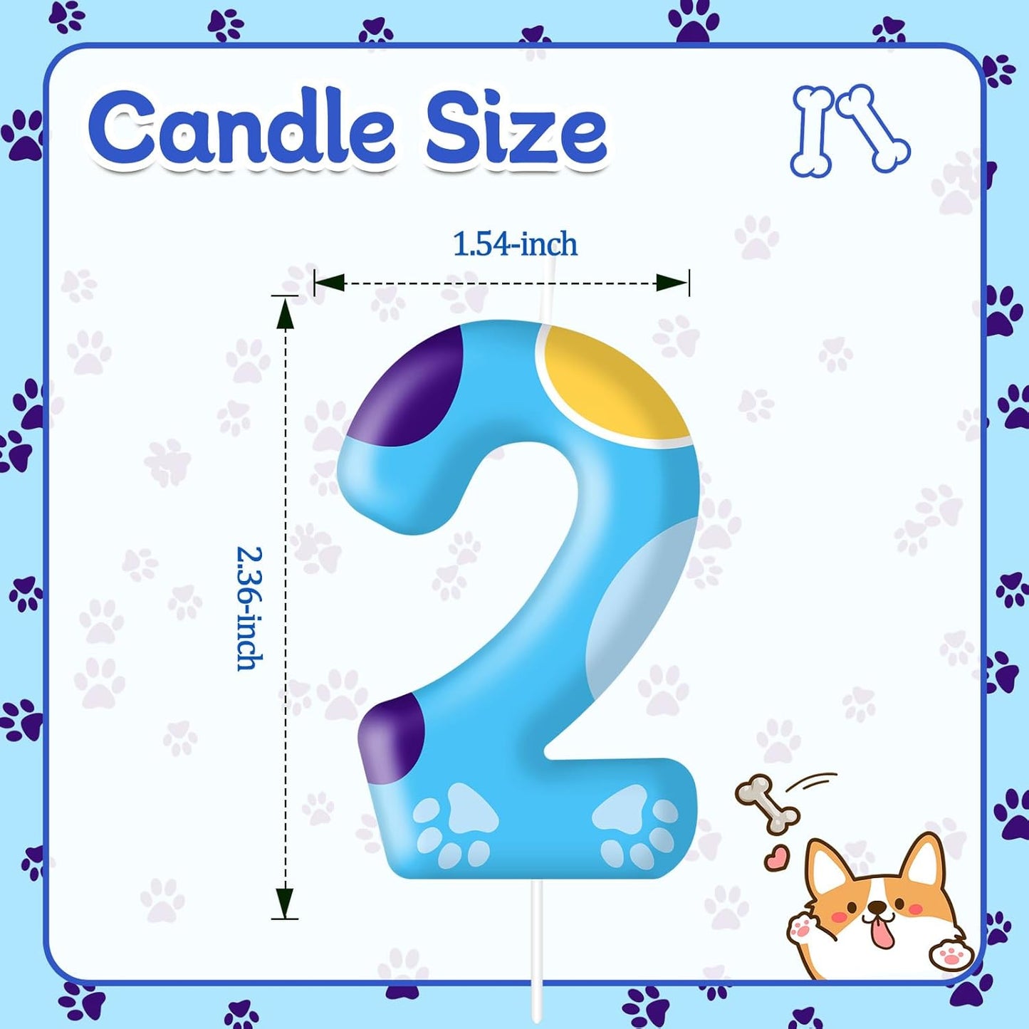 Blue Dog Paw Birthday Candles Cake Topper Numeral Birthday Candles for Boy Girl Dog Paw Decoration(Number 2)