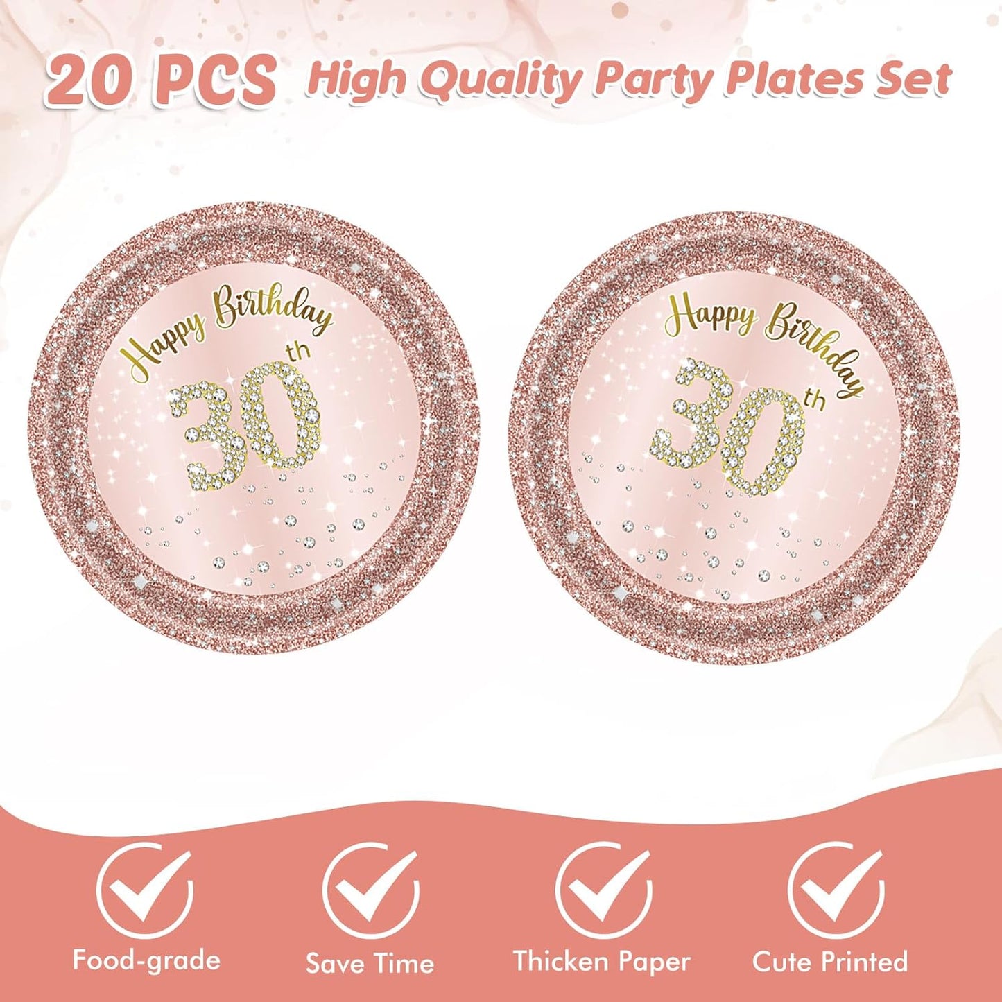 30th Birthday Decorations for Women, Rose Gold Thirty Year Old Party Supplies Include 20 Plates 20 Napkins, Pink 30 Aged Birthday Party Tableware