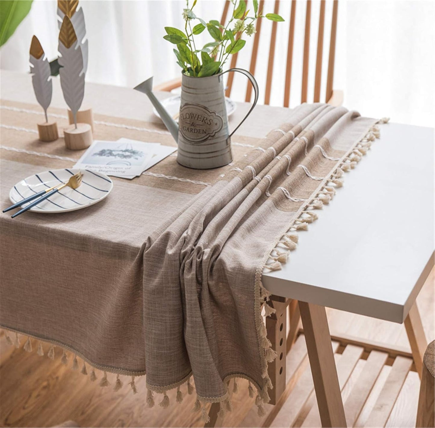 Cotton Linen Tablecloth, Tassel Stitching Table Cloth, Wrinkle Free Farmhouse Table Cover for Kitchen Dining, Party, Holiday (Rectangle, 55''x102'', 8-10 Seats, Beige)