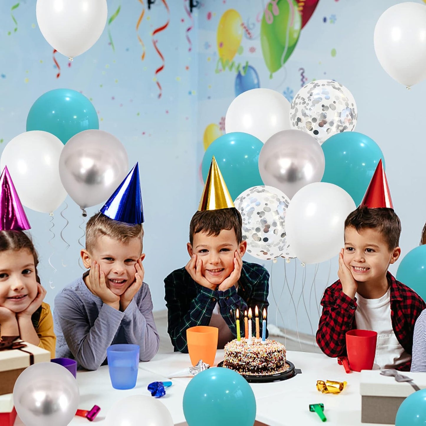 Balloons Teal Blue White Silver 12inch Mettalic Chrome Silver Confetti Balloon Turquoise Blue Latex Balloons for Wedding Bridal Baby Shower Birthday Graduation Party Decorations