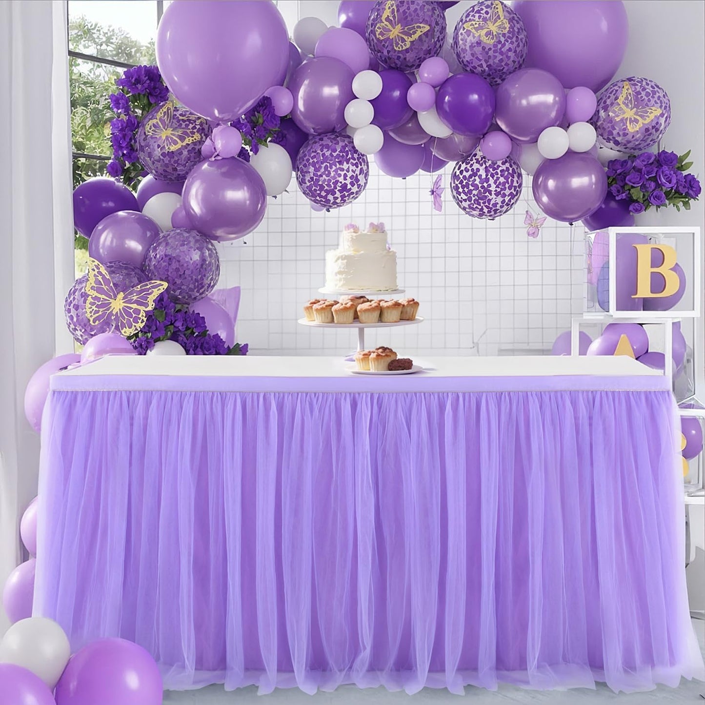 Suppromo Purple Tulle Table Skirt Baby Shower Table Cloth for Rectangle Tables or Round Tables Purple Tutu Table Skirt for Girls Mermaid Elephant Butterfly Birthday Party Cake Dessert Decorations