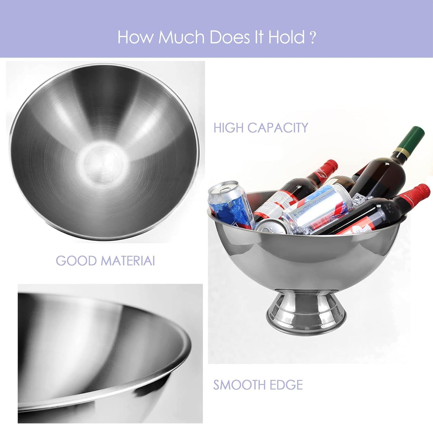 Winsterch 18/8 Stainless Steel Ice Bucket for Parties,Beverage Tub Party Bucket,Banquet Champagne Ice Bucket Big Ice Bucket for Parties,Drink Chiller for Parties, Round,8QT (2 Gallon)