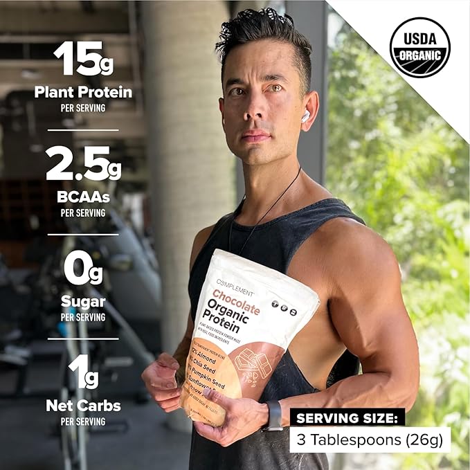 Complement Organic Chocolate Vegan Protein Powder (15 Servings) Low Carb, Low Calorie, Sugar Free, Soy Free, Non-GMO, Non Dairy - Yellow Pea, Pumpkin Seed - 15g Plant Based Protein Powder