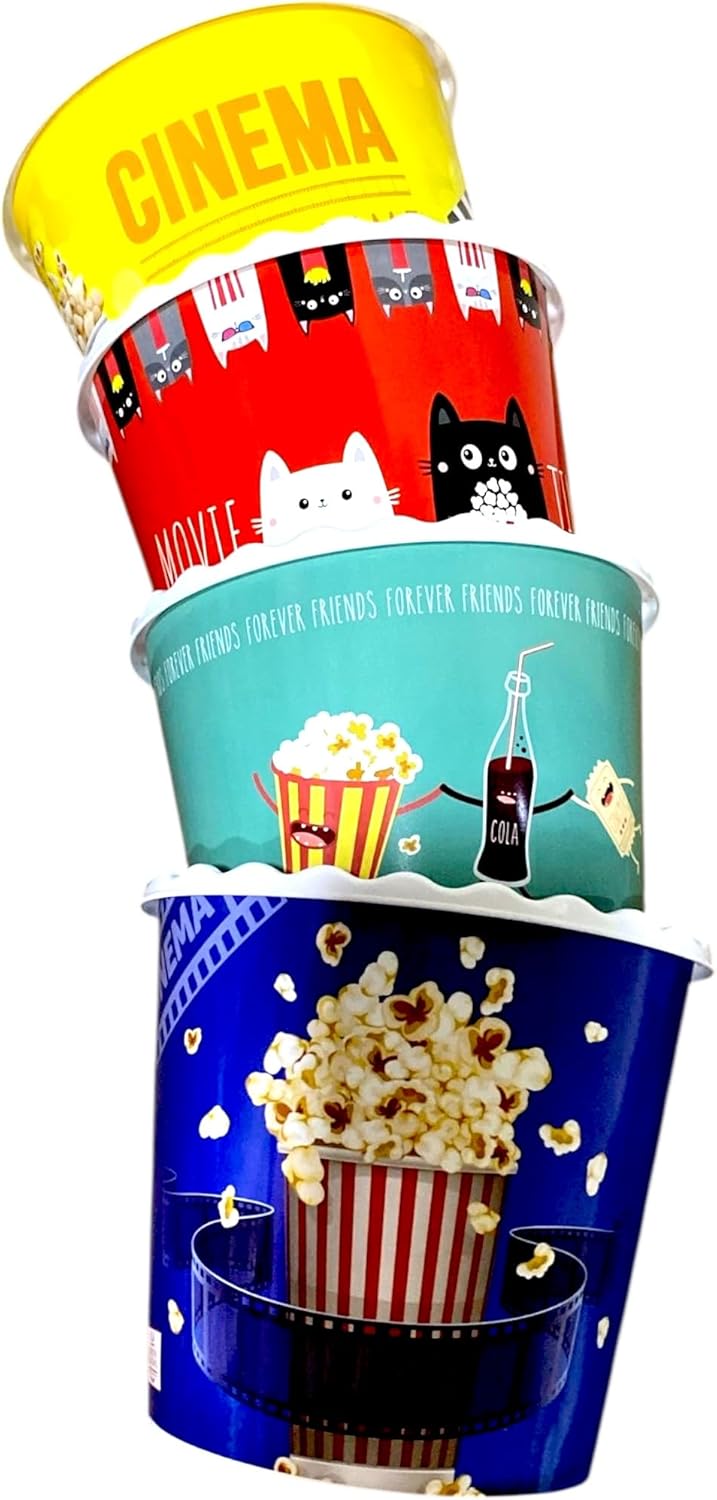 Modern Style Reusable Plastic Popcorn Box/Popcorn Containers/Popcorn Bowls Set for Movie Theater Night - (BPA Free - 4 Pack - 75 oz) (Popcorn Mix F)