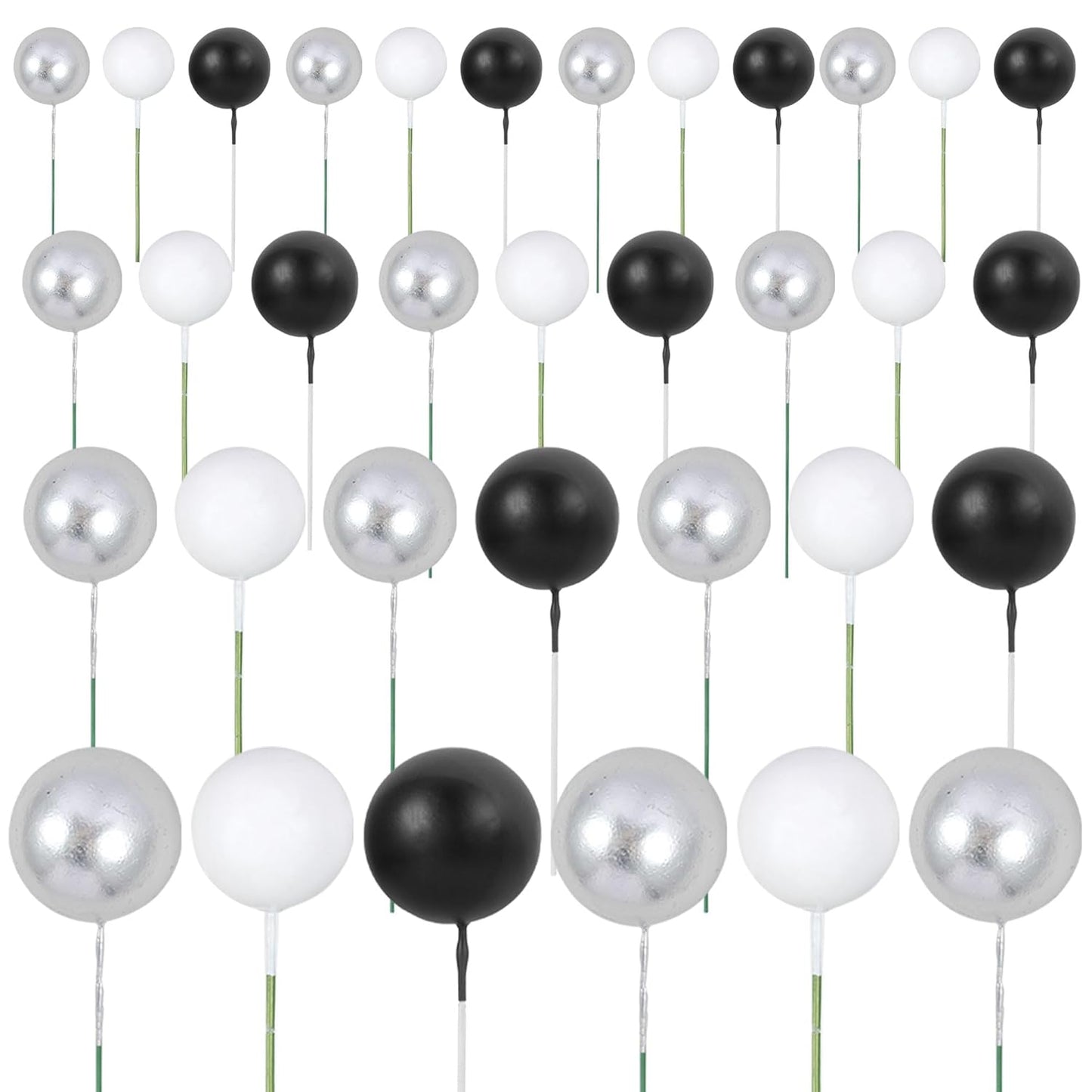 Gyufise 30Pcs Balls Cake Toppers Ball Picks Ball Shaped Cupcake Toppers Foam Balls Cake Topper Mini Balloons Cake Decorations for Wedding Baby Shower Birthday Party Supplies Black White Silver