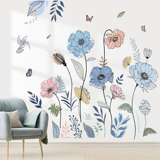 wondever Blue Boho Flower Wall Stickers Floral Grass Butterfly Peel and Stick Wall Art Decals for Living Room Bedroom TV Wall