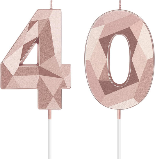 Nuanchu 40th Birthday Candles, Number 40 Happy Birthday Cake Topper 3D Diamond Shape Numeral Sparkler Candles for Men Women Party Wedding Decoration Theme Party (Rose Gold)