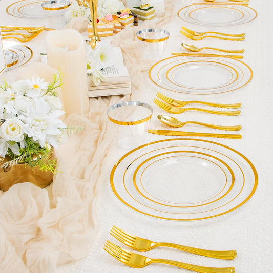 WELLIFE 450 PCS Clear Gold Disposable Dinnerware Set for 75 Guests, Clear and Gold Plastic Plates for Party, 75 Dinner & Salad Plates, Cups, Spoons Forks Knives for Wedding and Party Anniversary