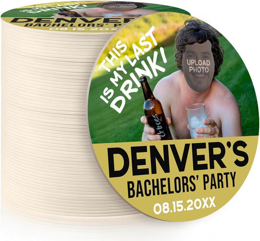 60 Pack Personalized Bachelor Party Coasters, Custom Cardboard Drink Coasters with Photo Print and Text, Fun Bachelor Party Favors and Gifts, 3.95" Round, Design 5