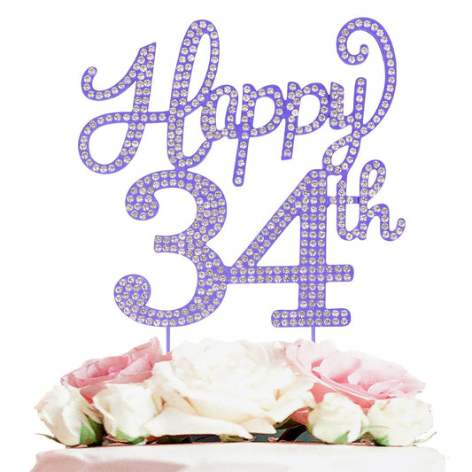 LASKYER Happy 34th Birthday Purple Rhinestone Cake Topper - 34th Birthday/Anniversary,Cheers to 34 Years Old Bday Party Metal Sparkly Centerpieces Decorations.