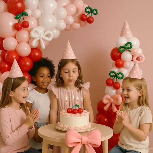 CROSSFINGERS Cherry Red Balloon Garland Arch Kit, Bow Pastel Pink and White Birthday Balloons Garland for Cherry Themed Birthday Baby Shower Wedding Galentine's Bridal Shower Party Decorations