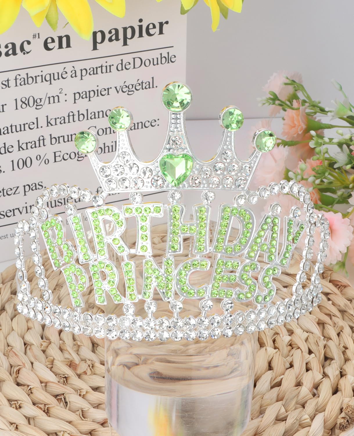 Wecoe Birthday Crown Green Princess Rhinestone Tiara with Combs Happy Birthday Party Favors Pink Decorations 16th 18th 21st 25th Gifts for Her