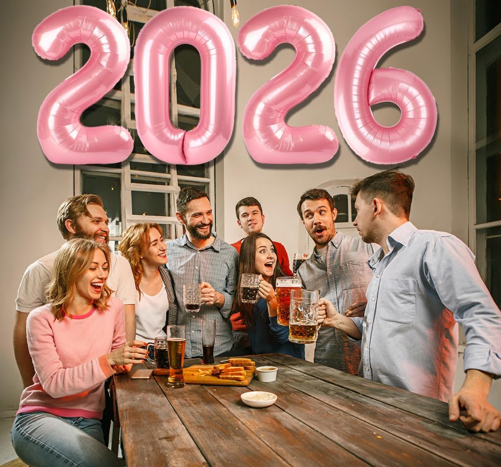 2026 Balloon - Pearlescent Pink Birthday Number Balloons, 40 Inch Large Foil Balloons for Men Women Boys Girls Pearlescent Pink Themed Birthday Decorations，Number 2026 Balloon