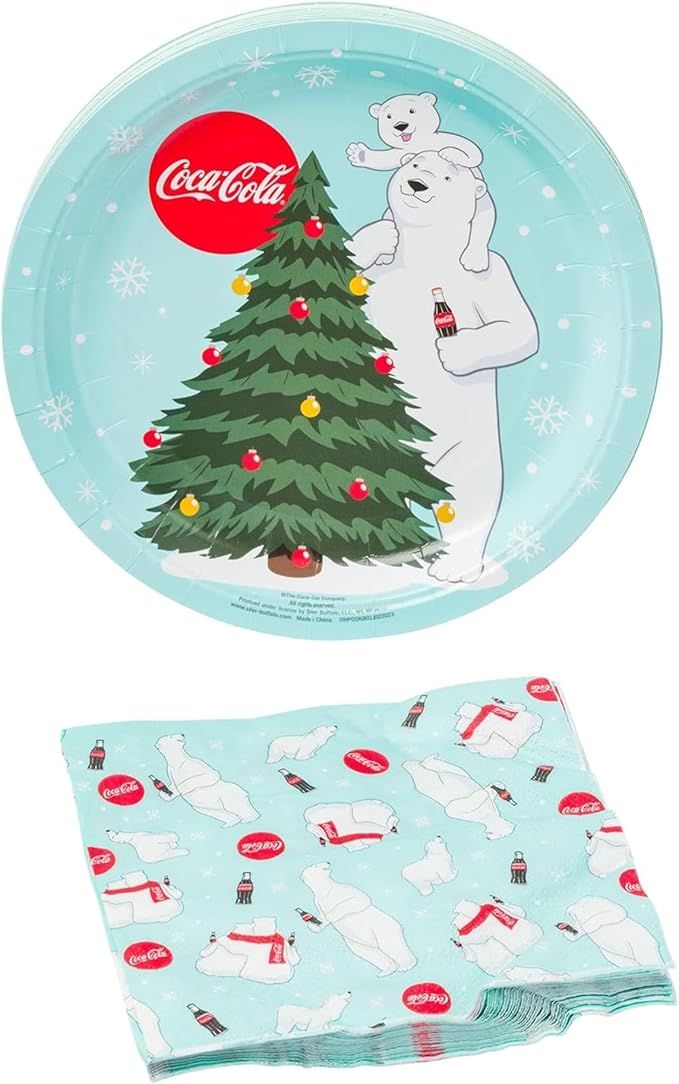 Silver Buffalo Coca-Cola Polar Bears Christmas Tree 32 Pack Partyware Disposable Paper Plates and Napkins