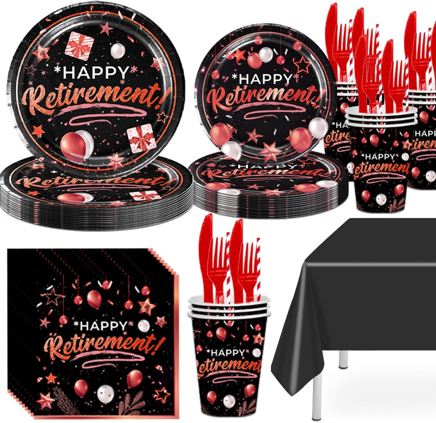 141pcs Retirement Party Decorations,Black Red Party disposable tableware Includes Dinner Plate Dessert Plate Paper Napkin Cup Knife Fork Straws Tablecloth Black Red Rose Gold Retirement Supplies set