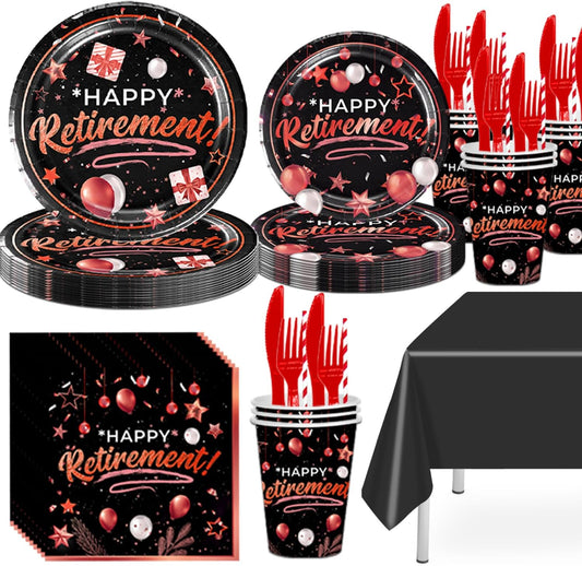 141pcs Retirement Party Decorations,Black Red Party disposable tableware Includes Dinner Plate Dessert Plate Paper Napkin Cup Knife Fork Straws Tablecloth Black Red Rose Gold Retirement Supplies set