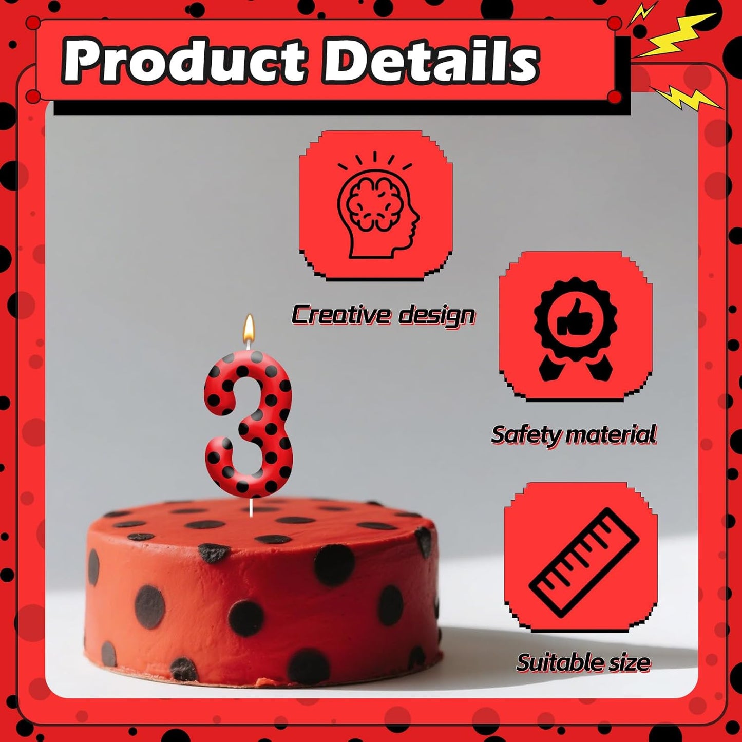 Ladybug Theme Birthday Candles - Red & Black Polka Dot Decorative Candles for Kids Ladybug Themed Parties, Baby Showers, Birthday Cakes, and Ladybird Inspired Celebrations(Number 3)