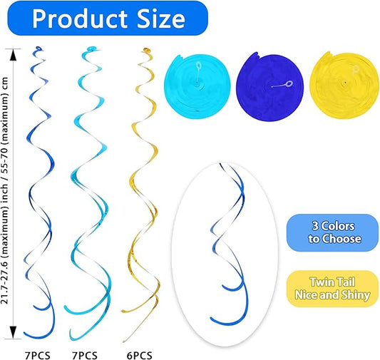 BEISHIDA Blue Blue Gold Hanging Swirls Party Decorations Plastic Streamer for Ceiling, Baby Shower Retirement Birthday Graduation Party Supplies, Pack of 20