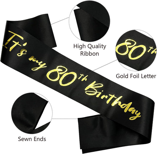 80th Birthday Sash, It's My 80th Birthday Sash Black Gold, 80 Birthday Decorations Gifts for Women Men Happy 80th Birthday Party Favor Supplies