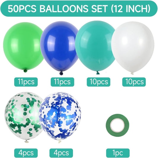 50Pcs Blue Green Balloons 12inch Light Green Blue Vintage Confetti Balloon with Ribbons for Boys Birthday Party Jungle Safari Themed Decoration