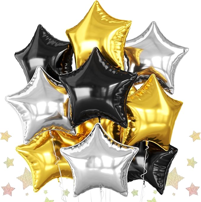 Black Gold Silver Star Foil Balloons, 10PCS Foil Stars Shape Balloons, 18 Inch Metallic Black and Gold Stars Balloon for Helium Pentagram Balloon for Birthday, New Years, Graduation Party Decorations