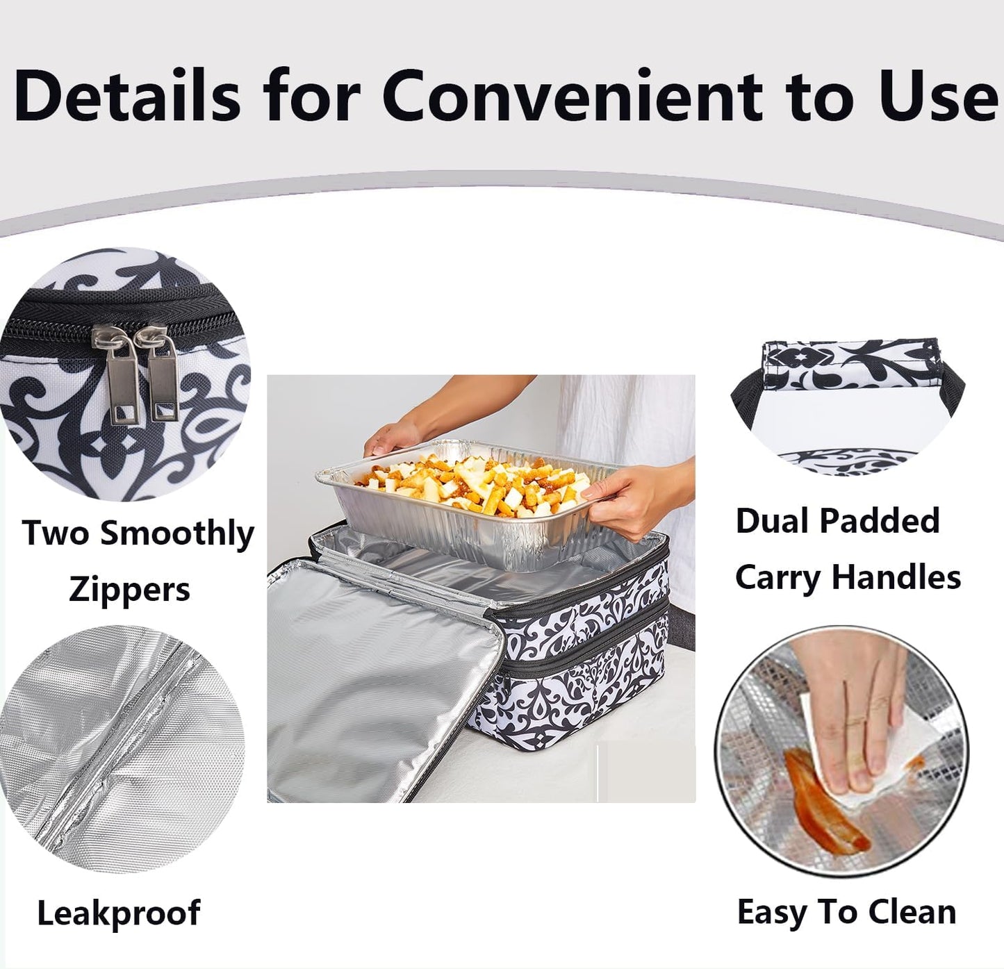 Insulated Casserole Carrier Bag - Double Decker Portable Lunch Transport Tote Bag Fits 9"x13" Lasagna Baking Dish to Keep Food Hot/Cold for Gathering/Potluck Parties/Cookouts/Picnics -Black/white