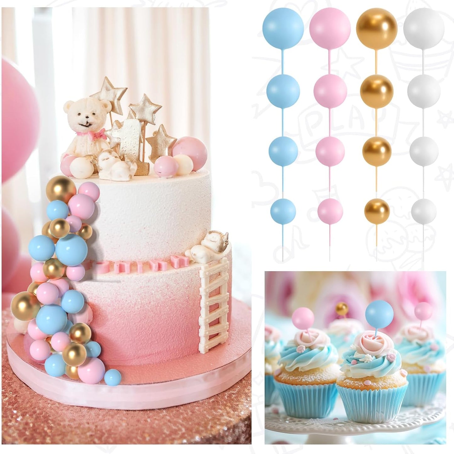 138 Pcs Balls Cake Topper Decorations Balloon Cupcake Toppers Foam Multisize Cake Topper Balls for Birthday Party Wedding Anniversary (Blue,Pink,Gold)