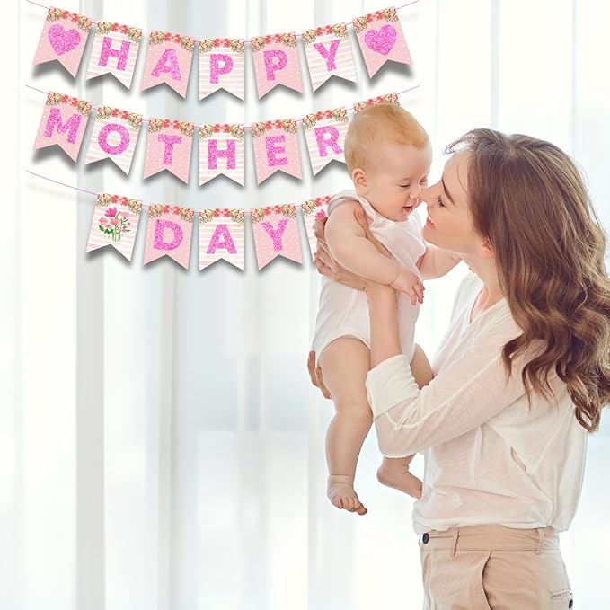 Happy Mother's Day Banner Set Decoration for Mother's Day Party Decorations Backdrop Garland for Mom Glitter Garland Photo Props (Pink Flower Heart)