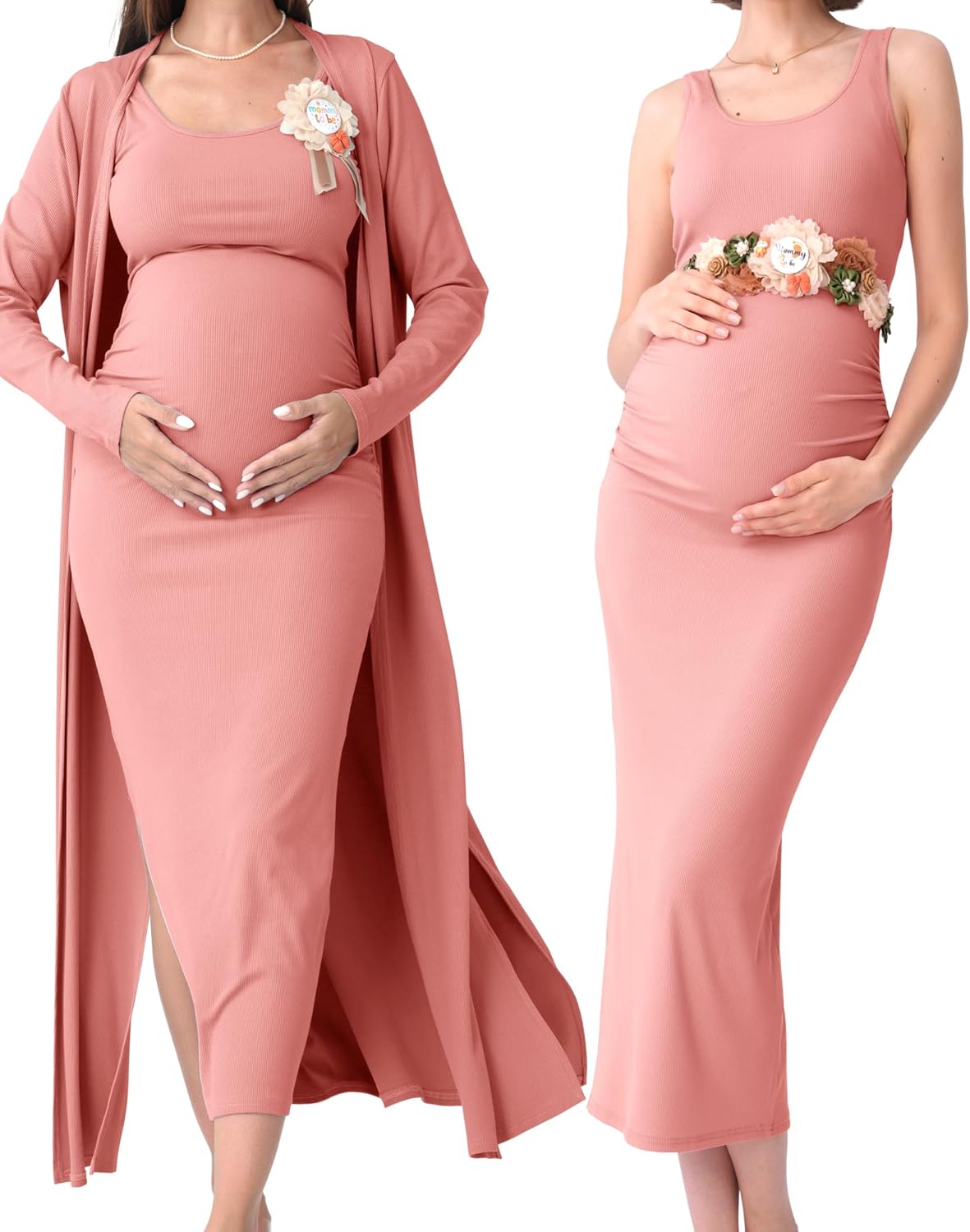 Rnxrbb 2 PCS Fall Winter Maternity Dress Cardigan Set Long Bodycon Maxi Formal Dresses Boho Baby Shower for Women