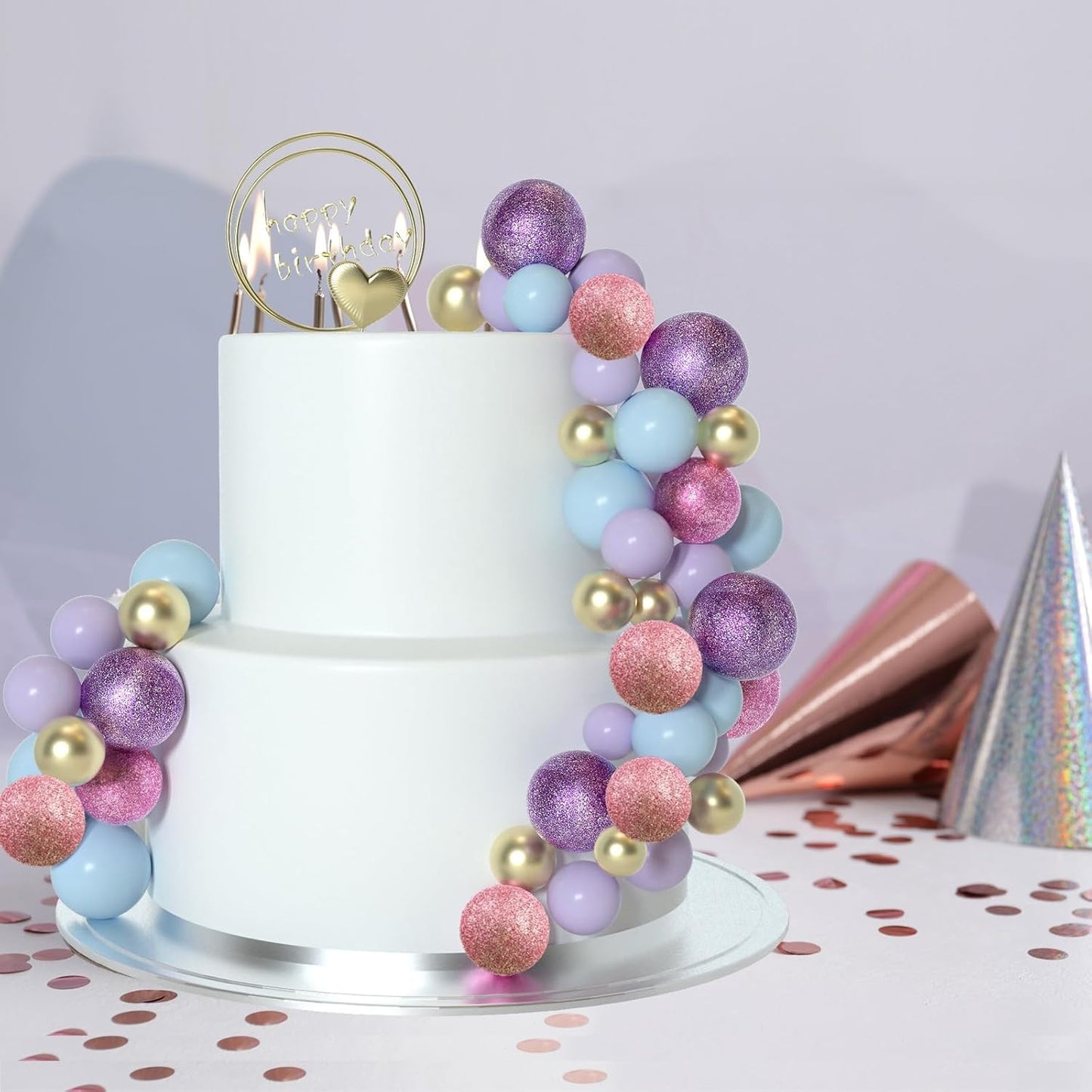 ASTARON 50 Pcs Ball Cake Topper Sticks Mini Balloons for Cake Decorating Supplies Foam Balls Cake decorations for Party Cake Birthday Cake Toppers Decorations (Pink，Purple，Blue)