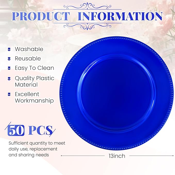 50 Royal Blue Charger Plates Bulk, 13" Round Beaded Decorative Dinner Chargers for Wedding Party, Baby Shower Event Decoration