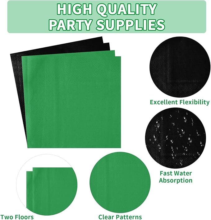 Grencian 96 Pcs Green and Black Birthday Decorations Solid Color Party Plates and Napkins Disposable Heavy Duty Green and Black Tableware Set for Holiday Birthday Baby Shower Party Decorations